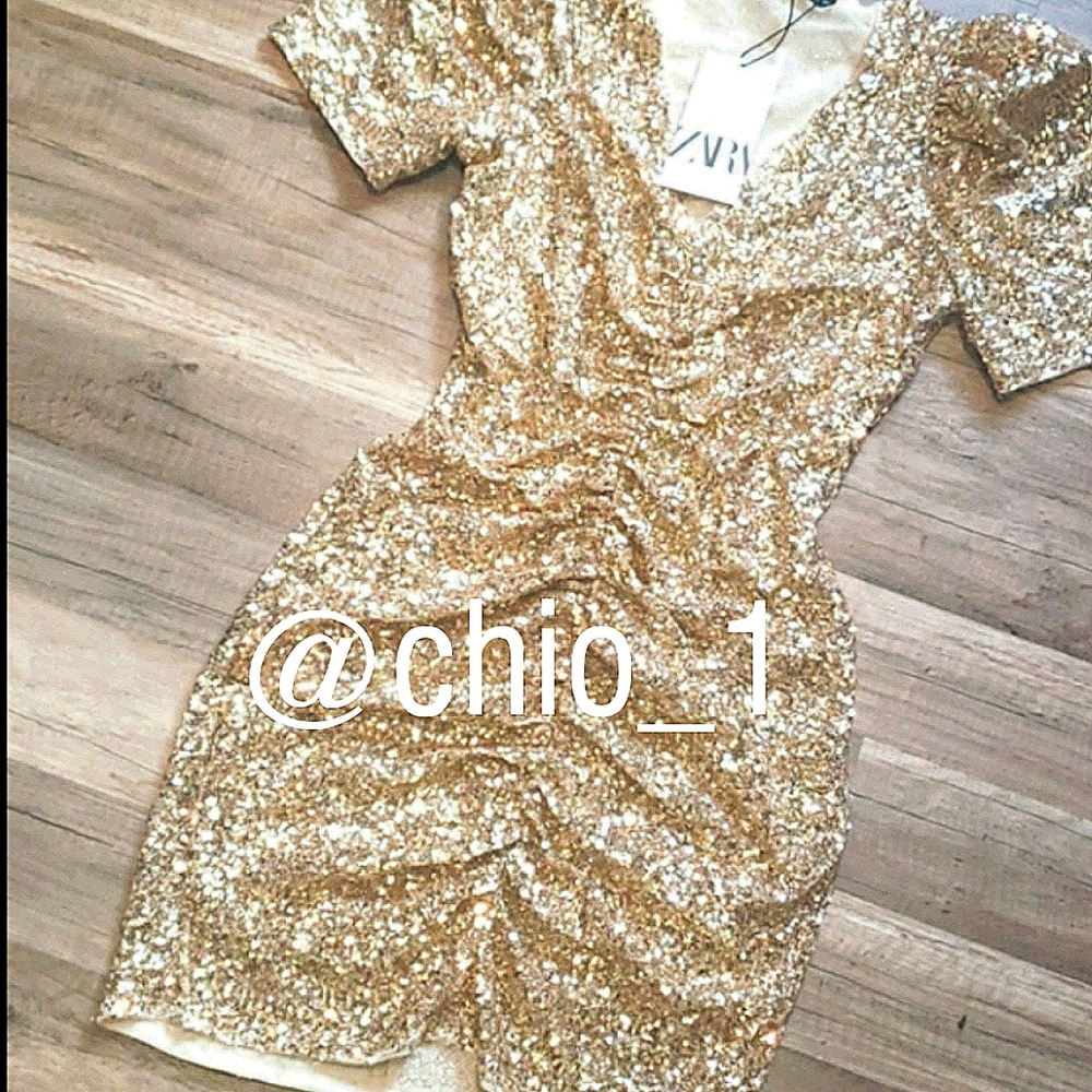 ZARA LIMITED EDITION DRAPED SEQUIN GOLD DRESS - Picture 13 of 16
